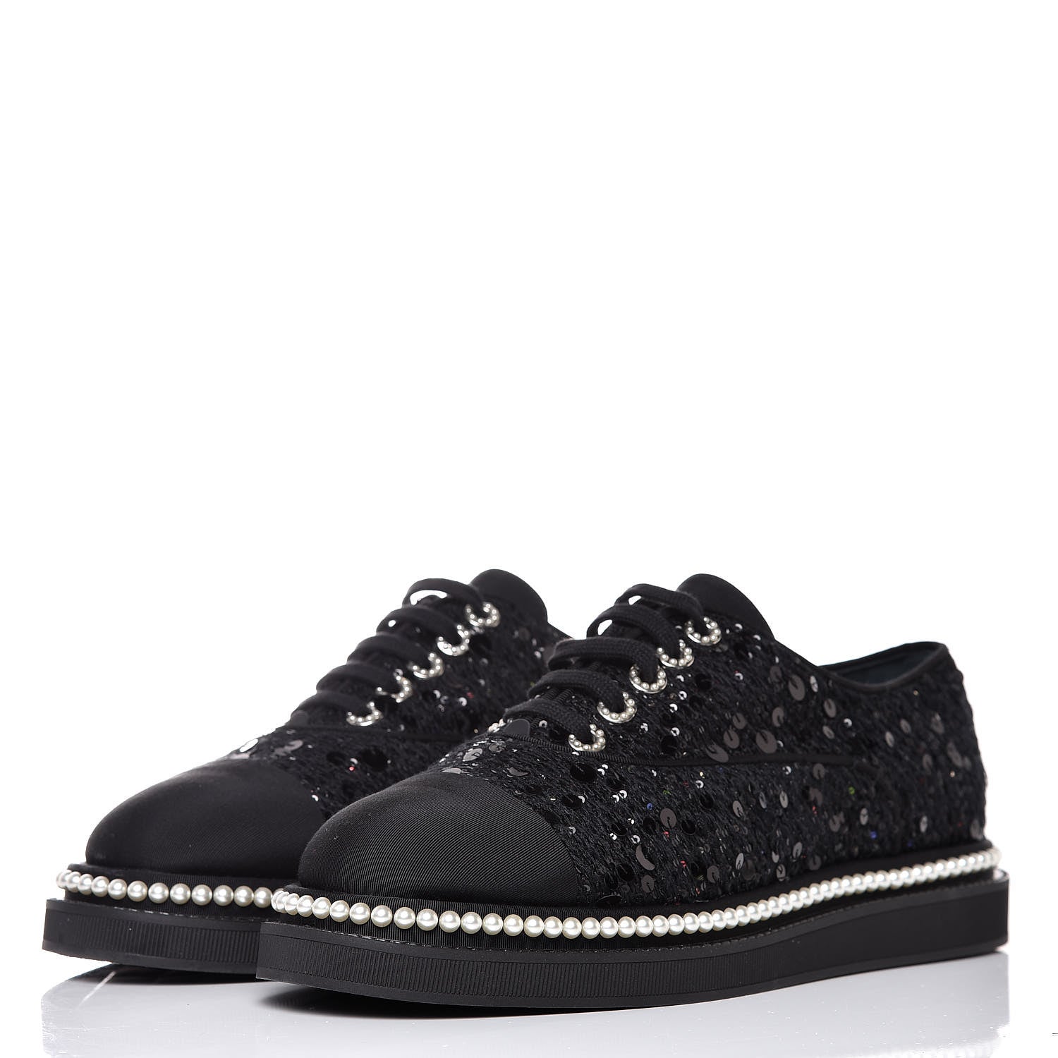 Chanel Tweed Grosgrain Sequin Pearl Lace Up Sneakers 42 Black 3 of 10