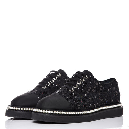 Chanel Tweed Grosgrain Sequin Pearl Lace Up Sneakers 42 Black 3 of 10