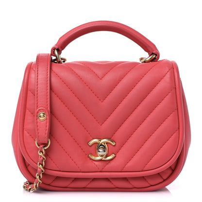 Chanel Lambskin Reverse Chevron Quilted Mini Round Top Handle Flap Bright Pink 1 of 17