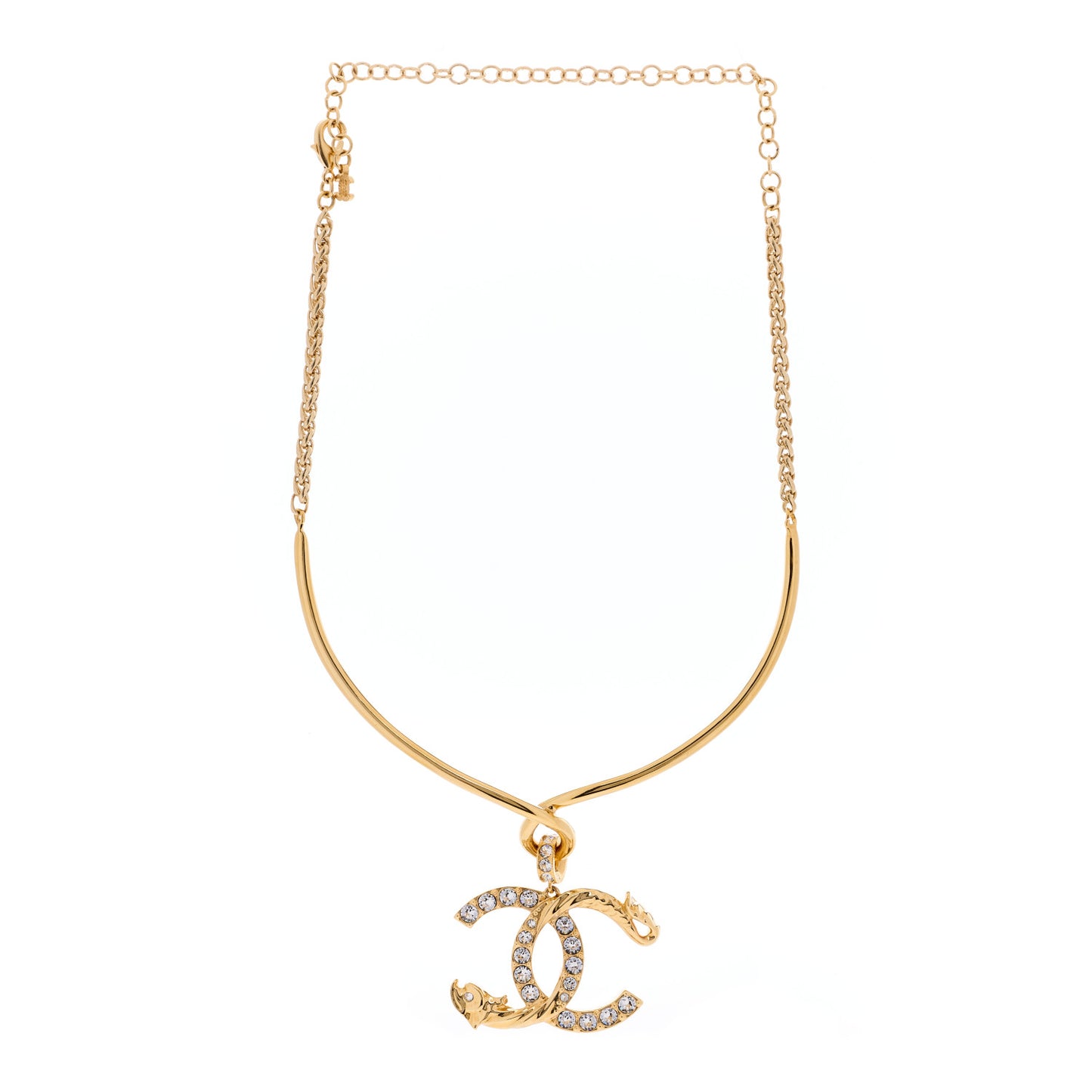 Textured Metal Crystal CC Dragon Choker Necklace Gold