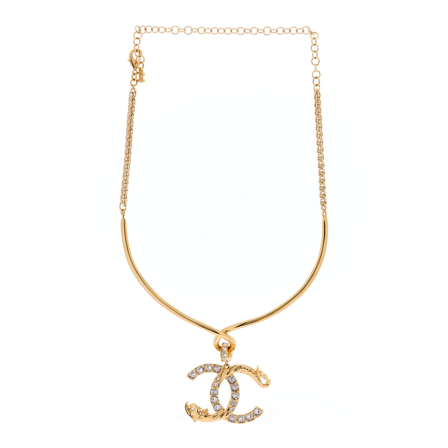 Chanel Textured Metal Crystal CC Dragon Choker Necklace Gold 2 of 3