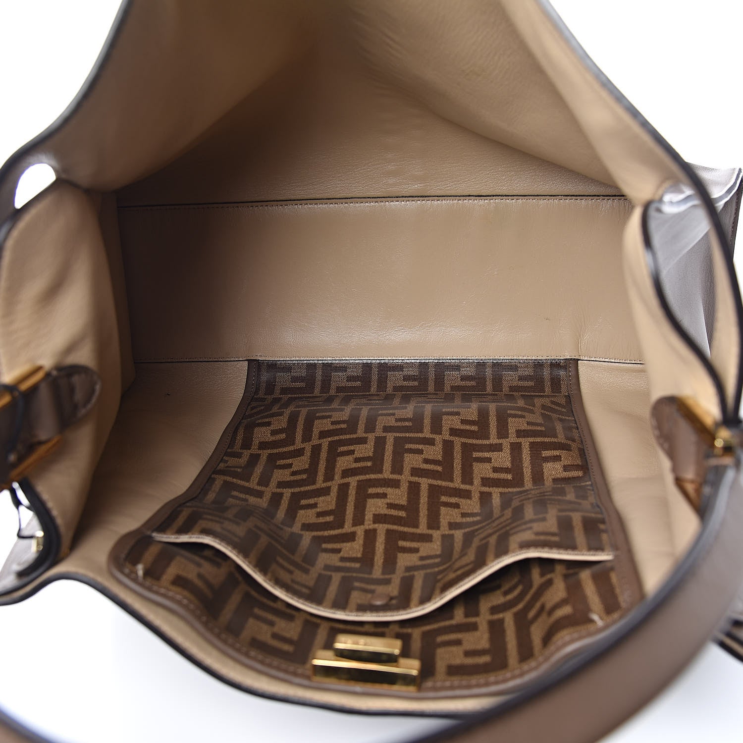 Fendi Vitello Seta Glazed Fabric FF 1974 Large Peekaboo X-Lite Maya Mogano Panna 5 of 12