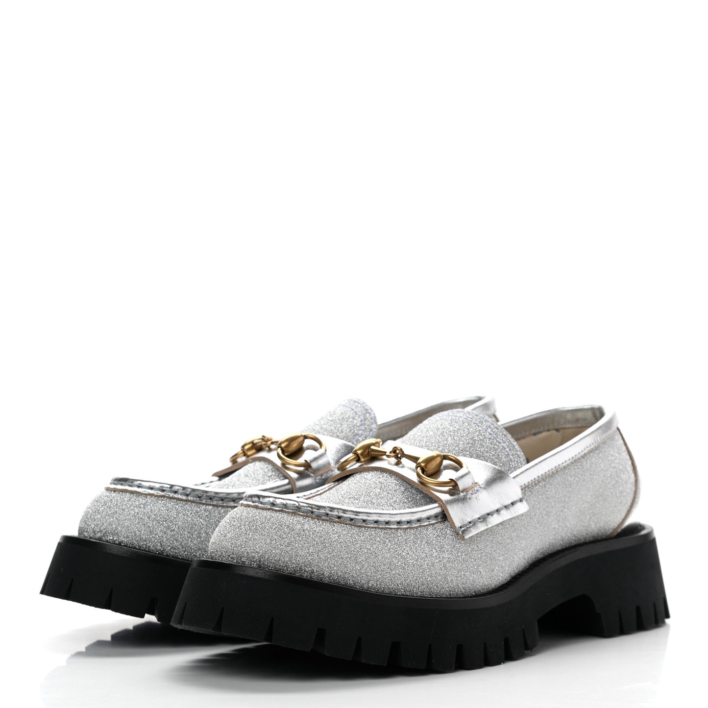 Mini Diamond Storm Silk Calfskin Womens Harald Horsebit 25mm Platform Loafers 36.5 Silver