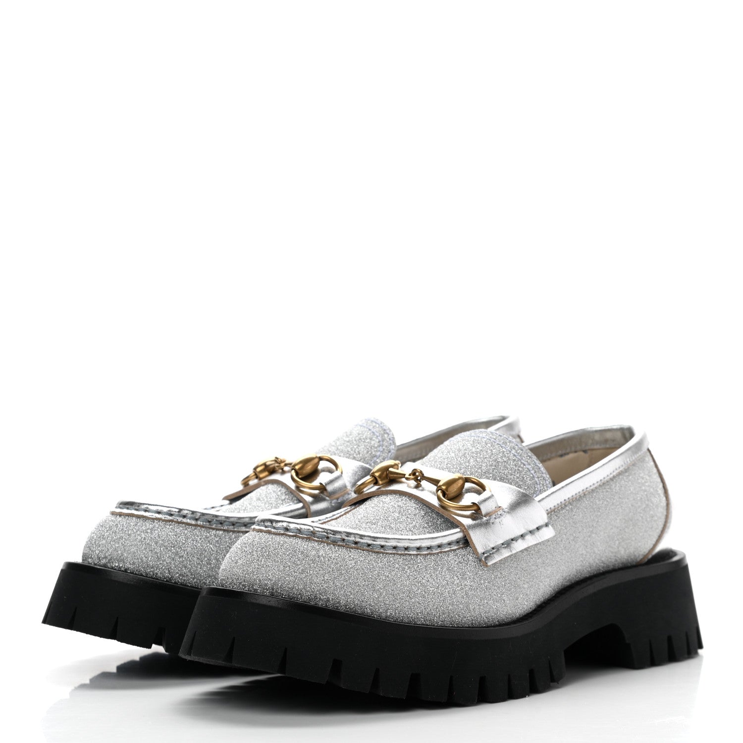 Gucci Mini Diamond Storm Silk Calfskin Womens Harald Horsebit 25mm Platform Loafers 36.5 Silver 3 of 10