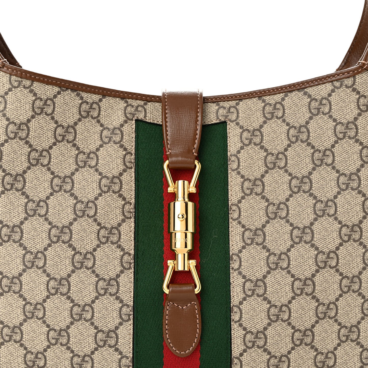 GG Supreme Monogram Azalea Calfskin Web Medium Jackie 1961 Hobo Beige Ebony Brown Sugar