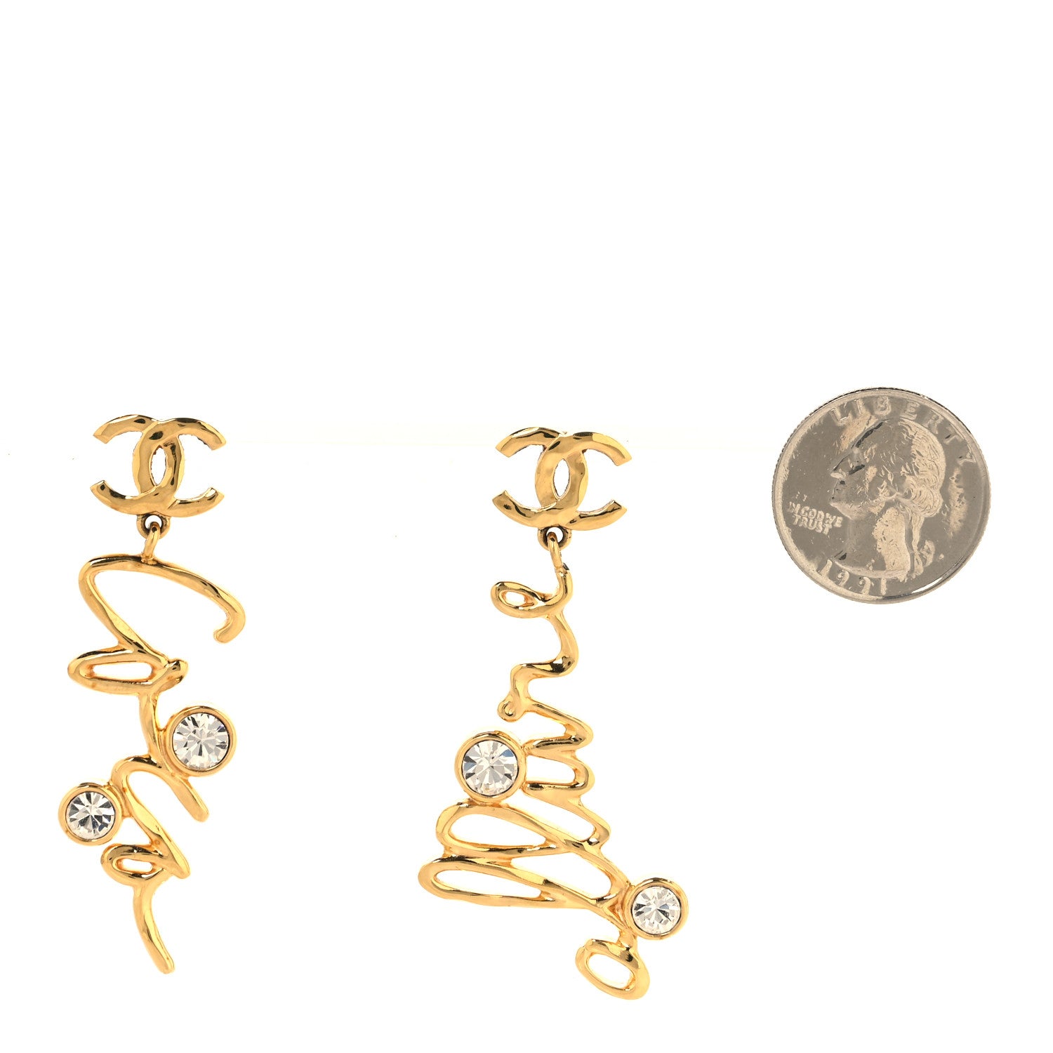 Chanel Metal Crystal Coco Script CC Drop Earrings Gold 2 of 5