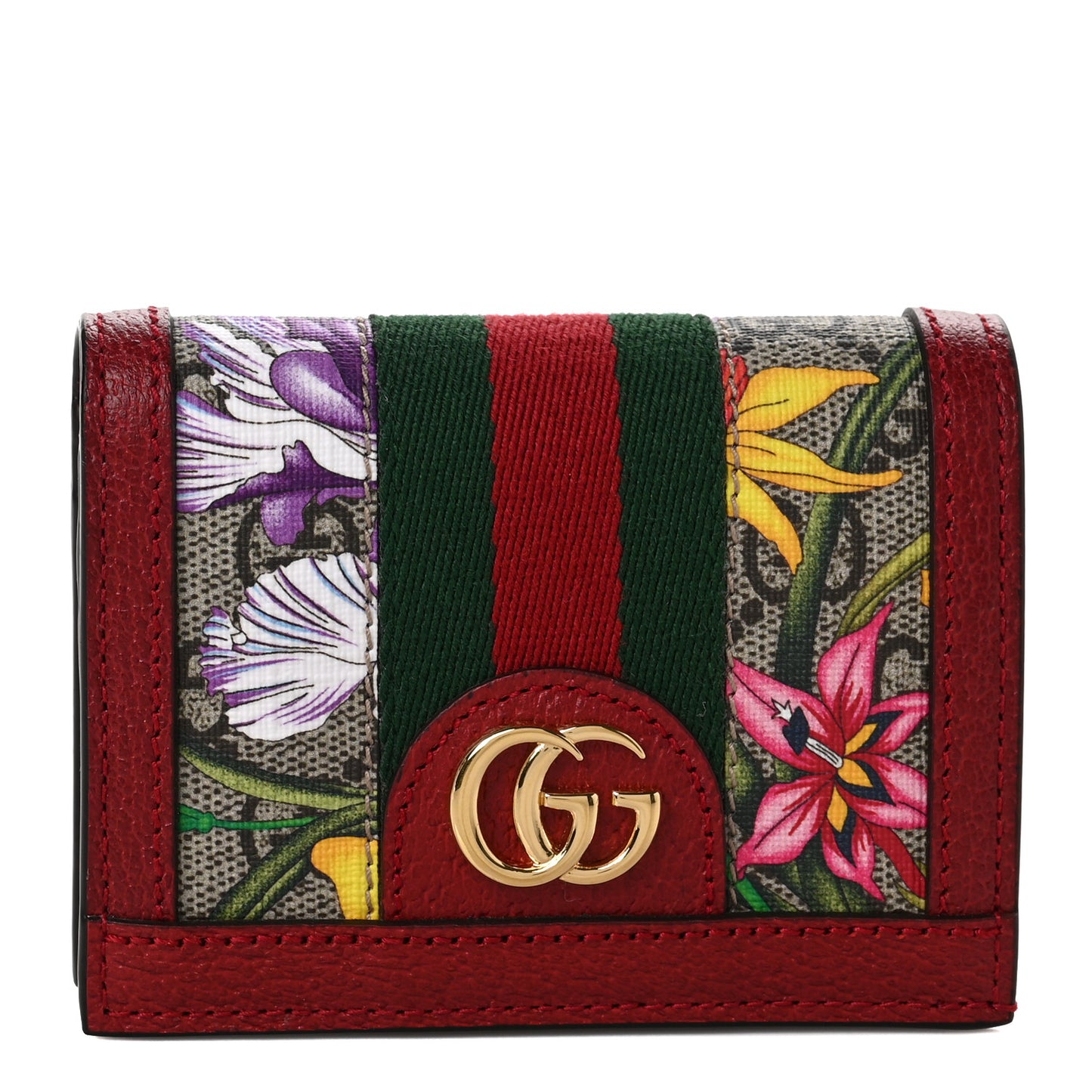 GG Supreme Monogram Flora Web Ophidia Card Case Red