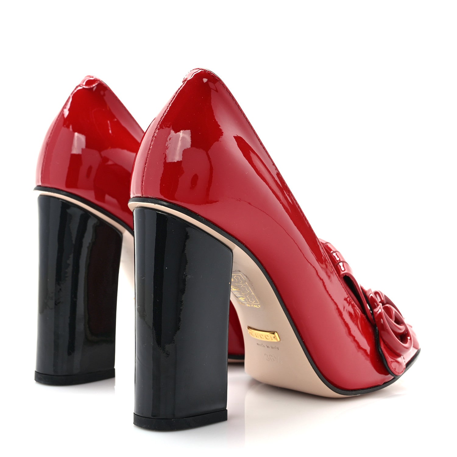 Gucci Vernice Crystal Enamel GG Marmont Fringe 105mm Loafer Pumps 36.5 Hibiscus Red Black 4 of 8