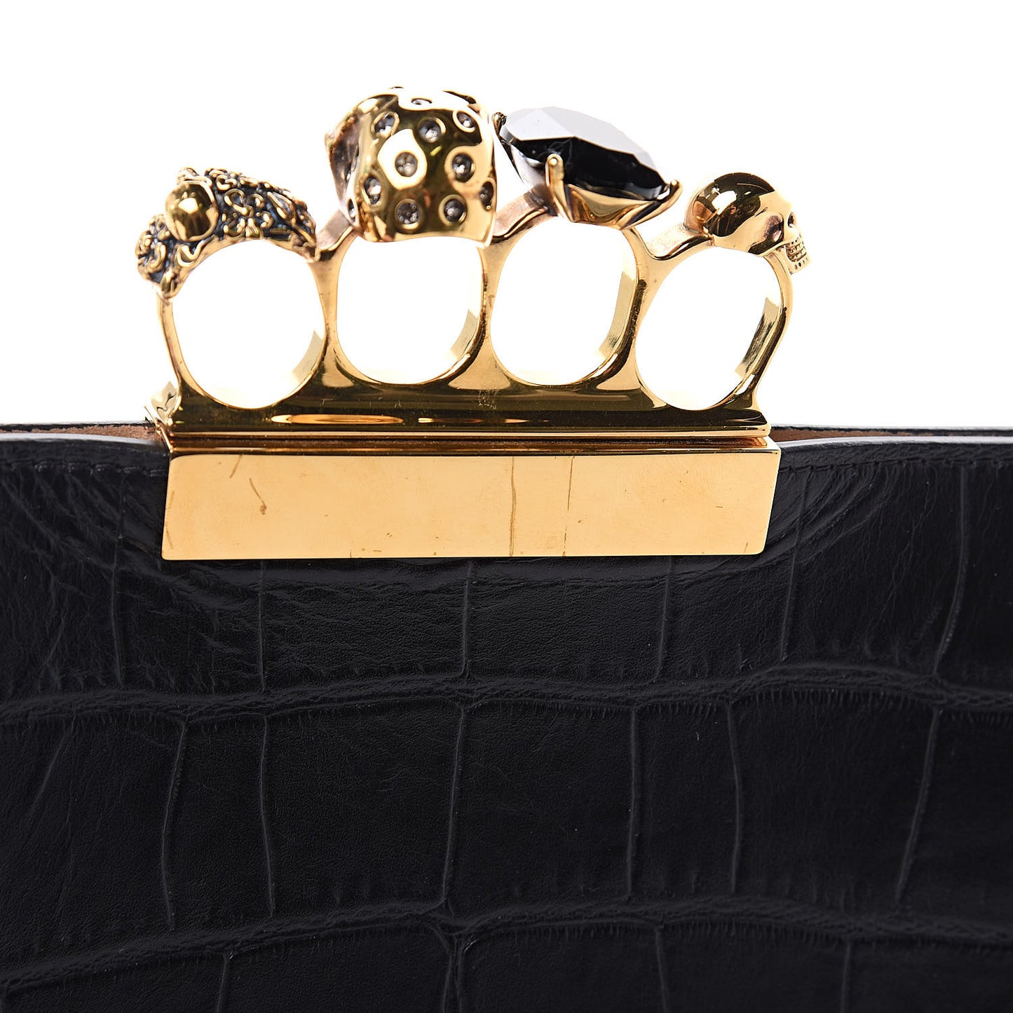 Calfskin Crocodile Embossed Knuckle Flat Clutch Black Gold