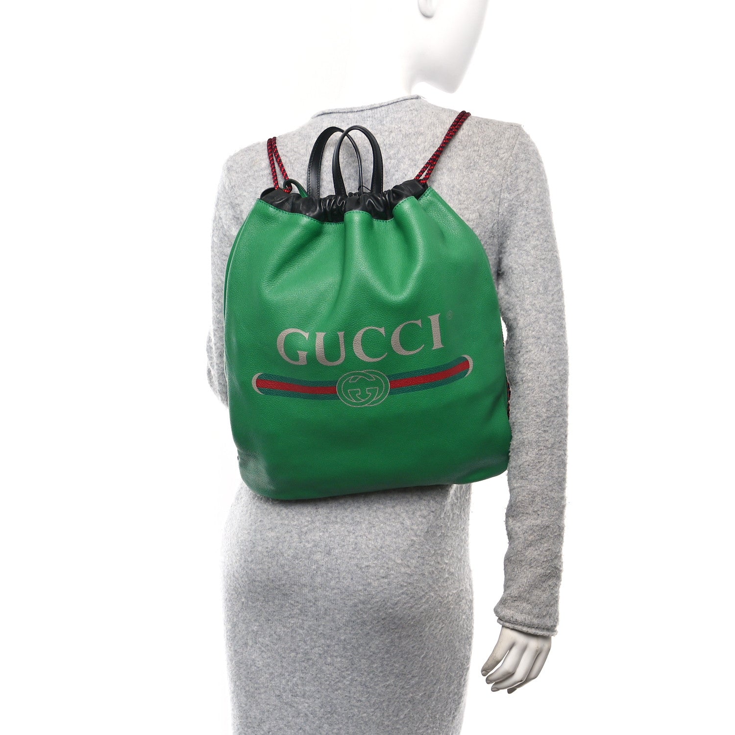 Gucci Grained Calfskin Logo Drawstring Backpack Green 2 of 11