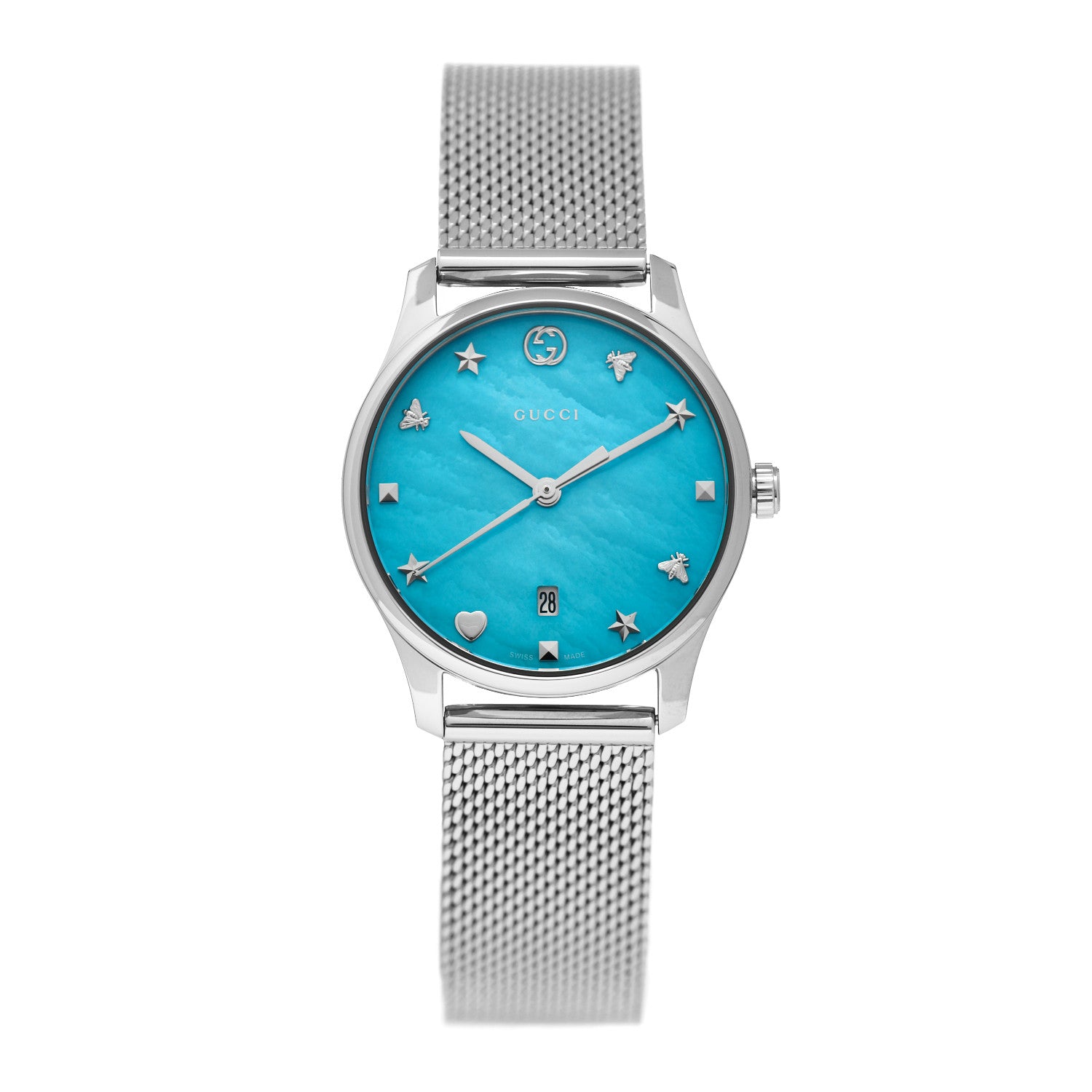 Gucci Stainless Steel Turquoise Mother of Pearl 29mm G-Timeless Charm Quartz Watch 1 of 5