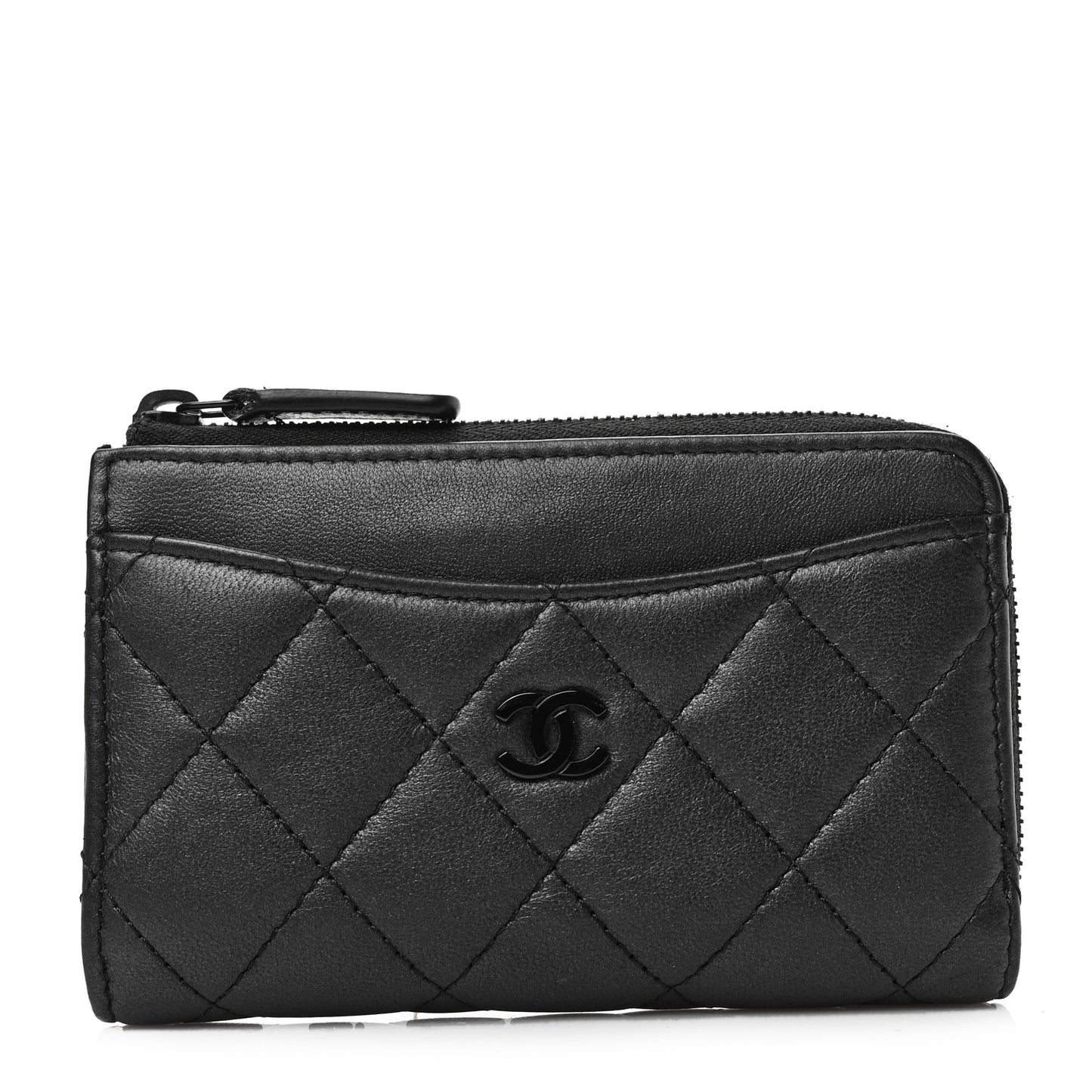 Pearly Lambskin Quilted Zip Card Holder So Black
