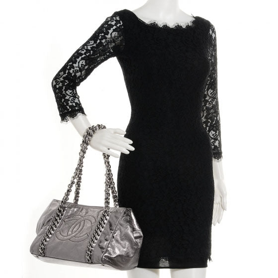 Metallic Cracked Calfskin Modern Chain Tote Dark Silver