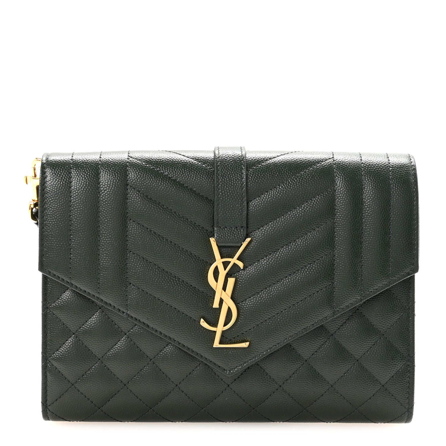Saint Laurent Grain De Poudre Textured Mixed Matelasse Triquilt Monogram Clutch Dark Green 1 of 7
