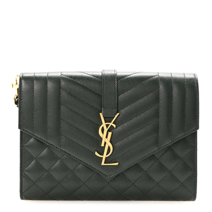 Saint Laurent Grain De Poudre Textured Mixed Matelasse Triquilt Monogram Clutch Dark Green 1 of 7
