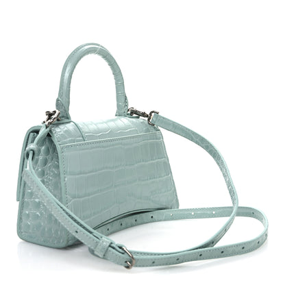 Balenciaga Shiny Calfskin Crocodile Embossed Hourglass Top Handle Bag XS Green Acqua 3 of 14