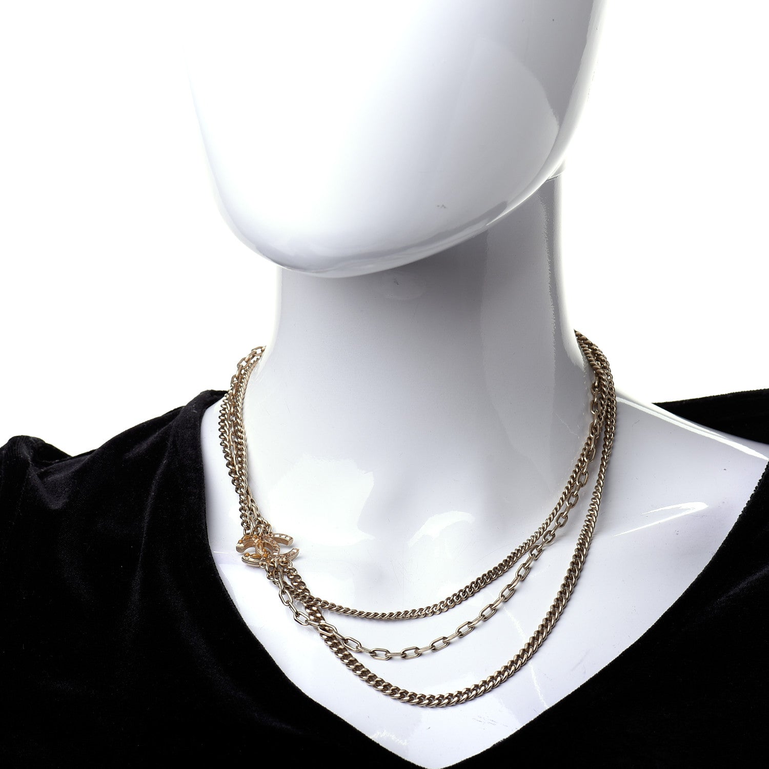Chanel Baguette Crystal Gripoix Poured Glass CC Multi Strand Chain Necklace Light Gold 2 of 5
