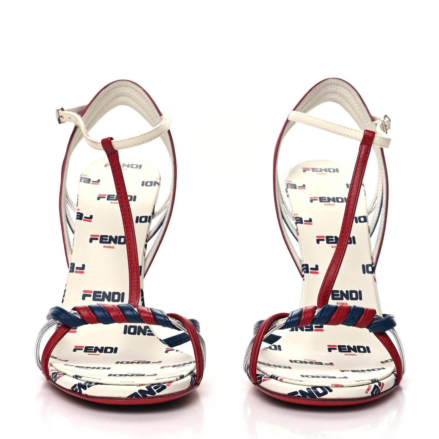 Fendi X FILA Lambskin Mania Logo Print High Heel Sandal 40 White Blue Red Fragola 2 of 8