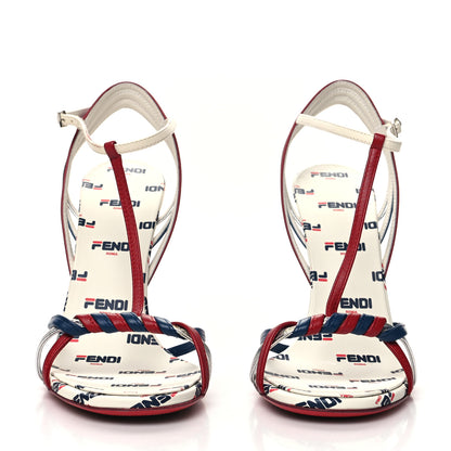 Fendi X FILA Lambskin Mania Logo Print High Heel Sandal 40 White Blue Red Fragola 2 of 8