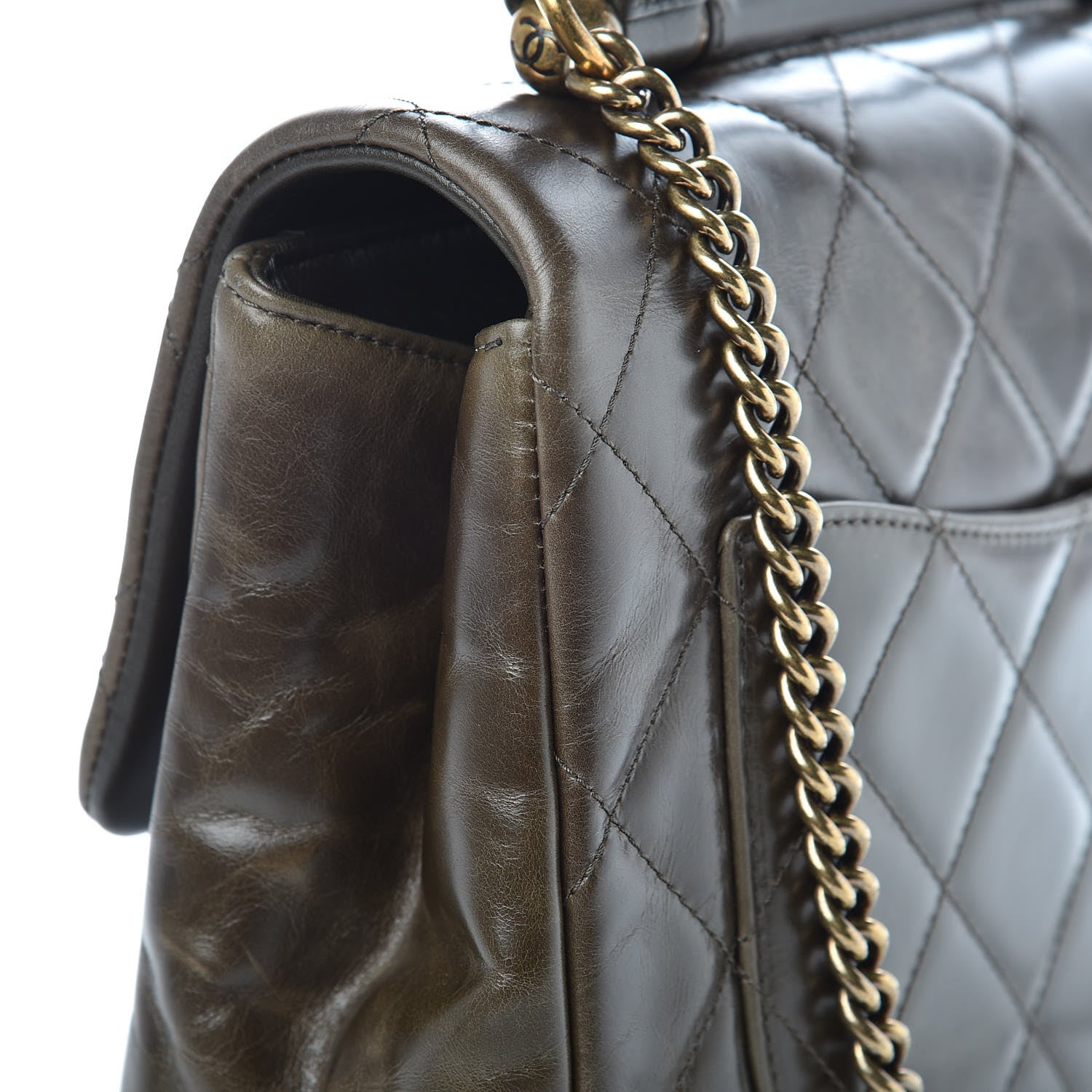 Chanel Calfskin Quilted Medium Gold Bar Top Handle Flap Dark Khaki 16 of 22