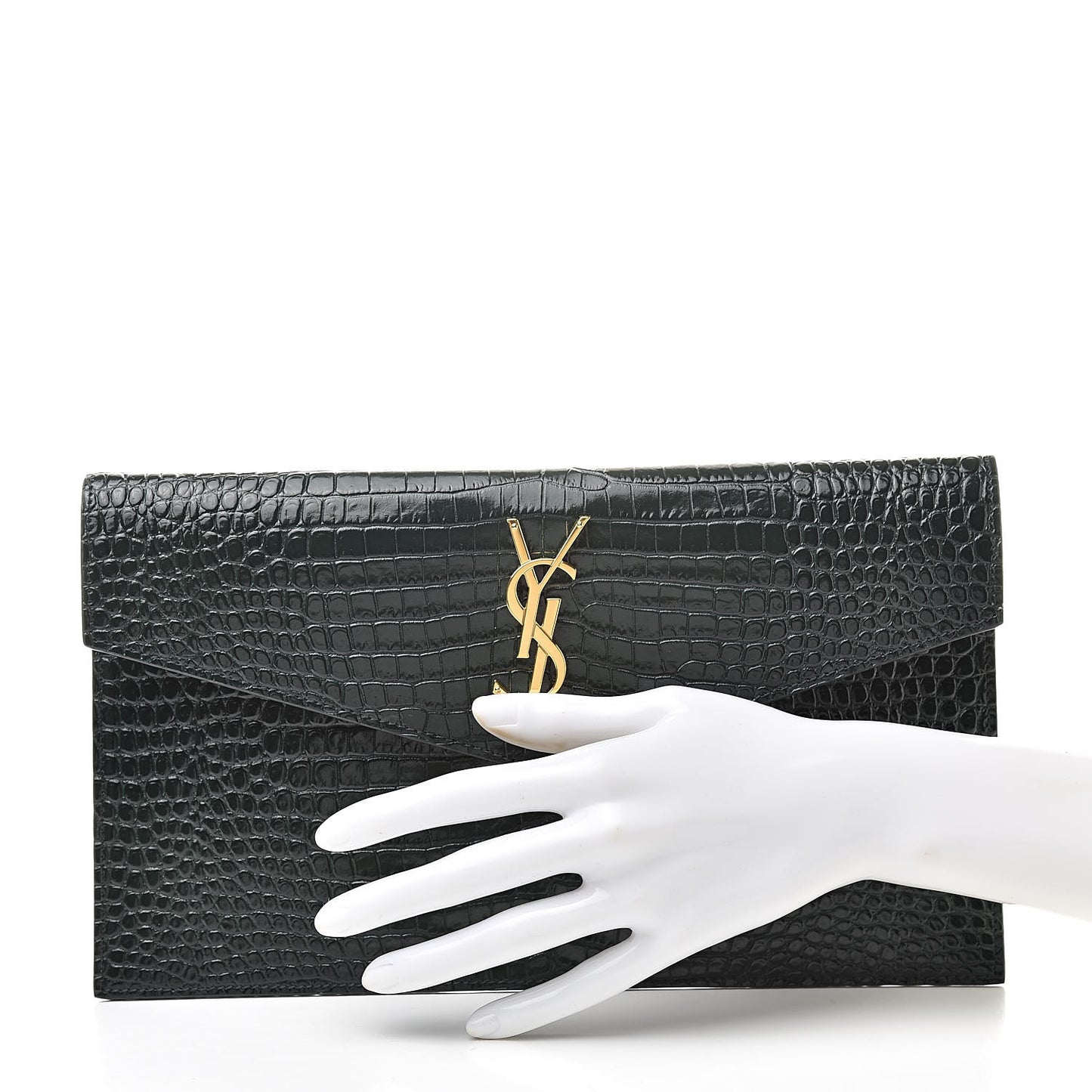 Calfskin Crocodile Embossed Uptown Monogram Clutch Dark Green