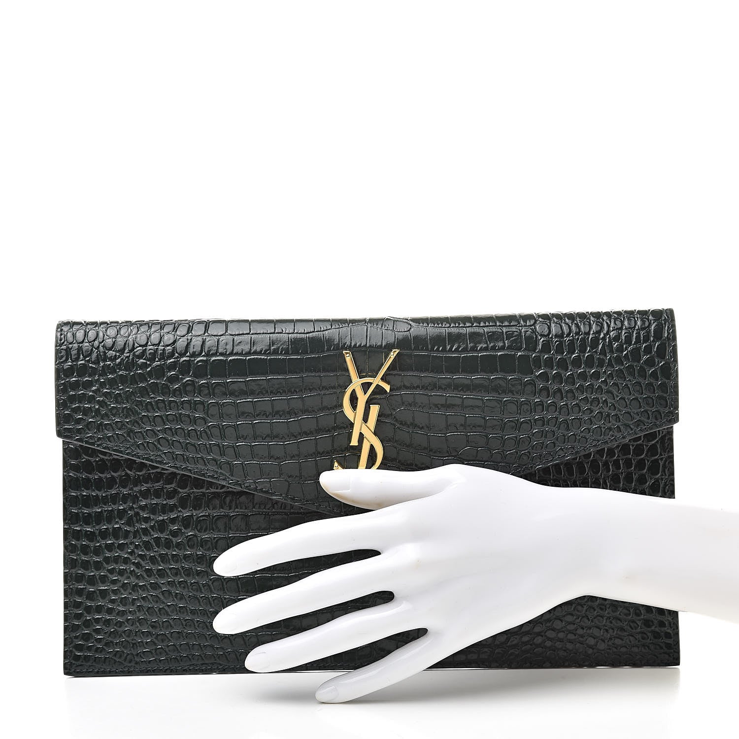 Saint Laurent Calfskin Crocodile Embossed Uptown Monogram Clutch Dark Green 2 of 8
