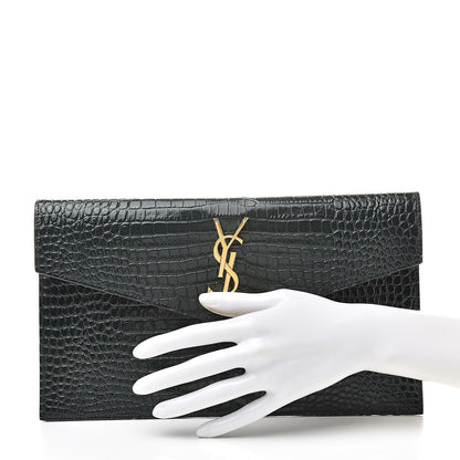 Saint Laurent Calfskin Crocodile Embossed Uptown Monogram Clutch Dark Green 2 of 8