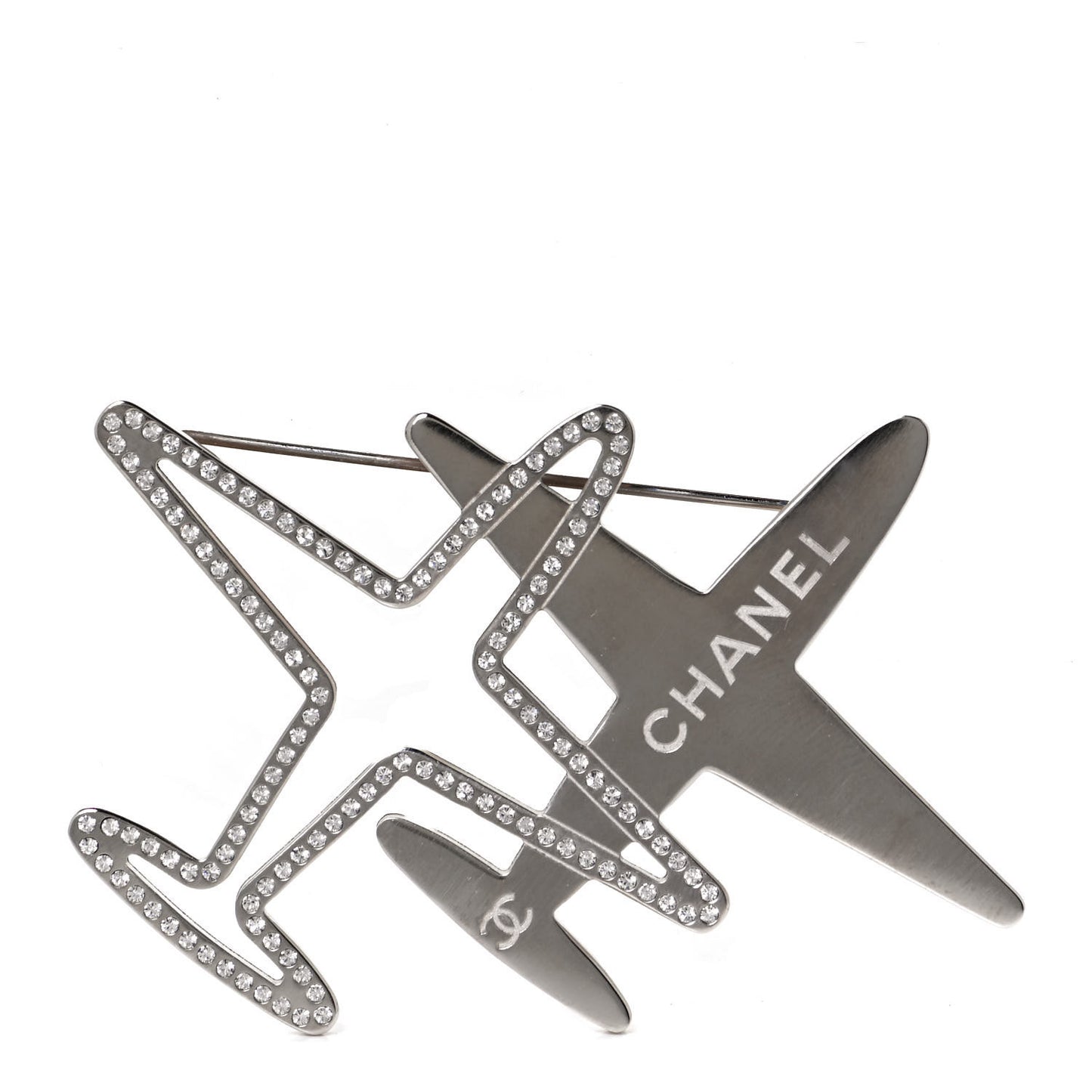 Crystal Metal CC Airplane Brooch Silver