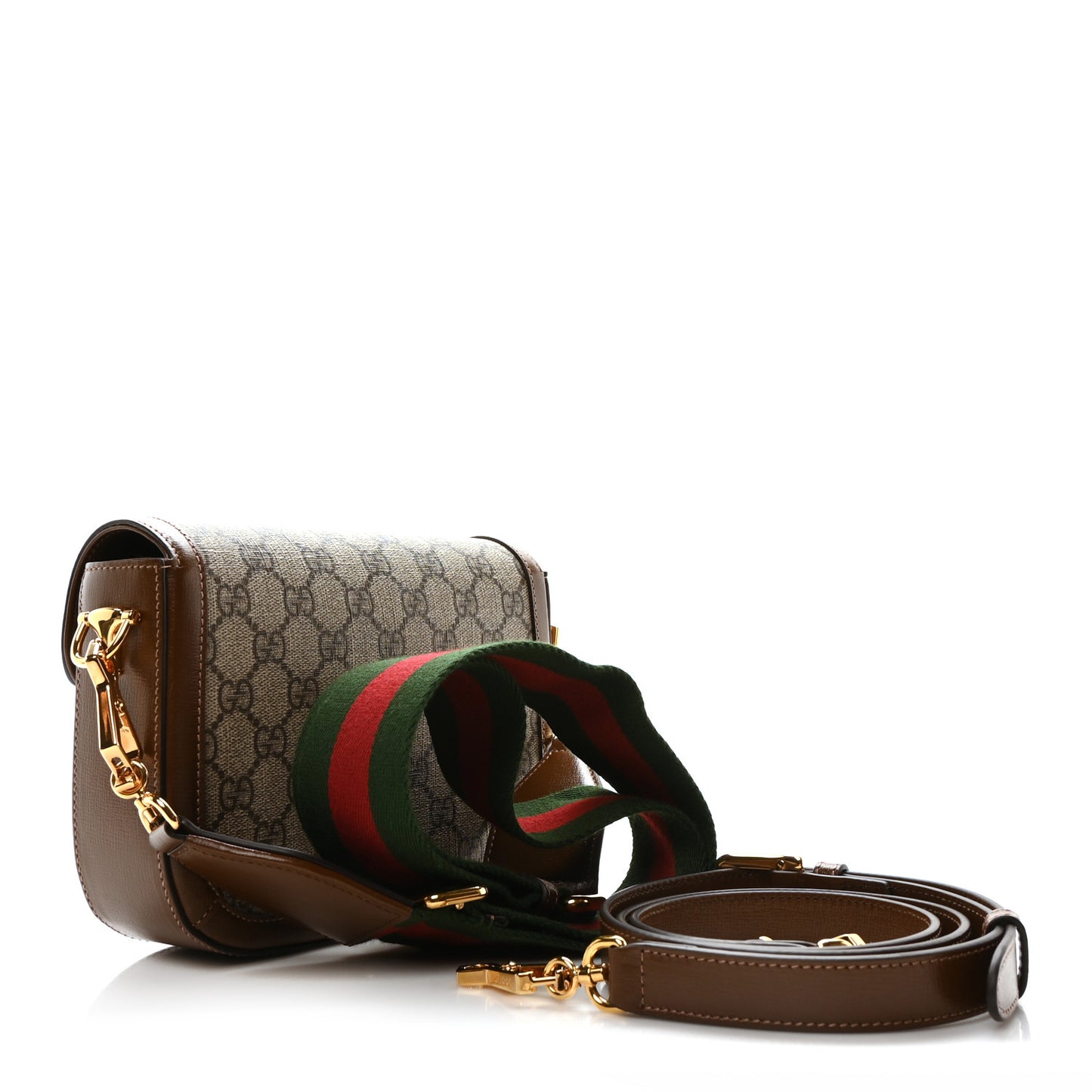 GG Supreme Monogram Azalea Calfskin Web Mini Horsebit 1955 Shoulder Bag Beige Ebony Brown Sugar