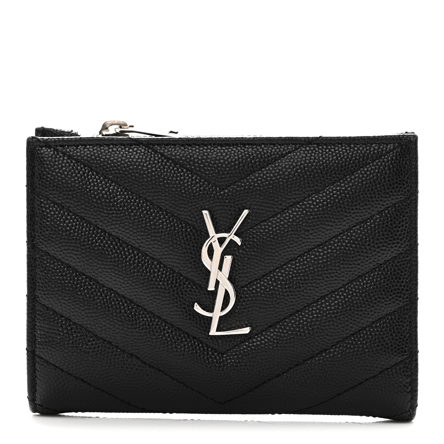 Saint Laurent Grain De Poudre Matelasse Chevron Monogram Zipped Two-Part Wallet Black 1 of 8