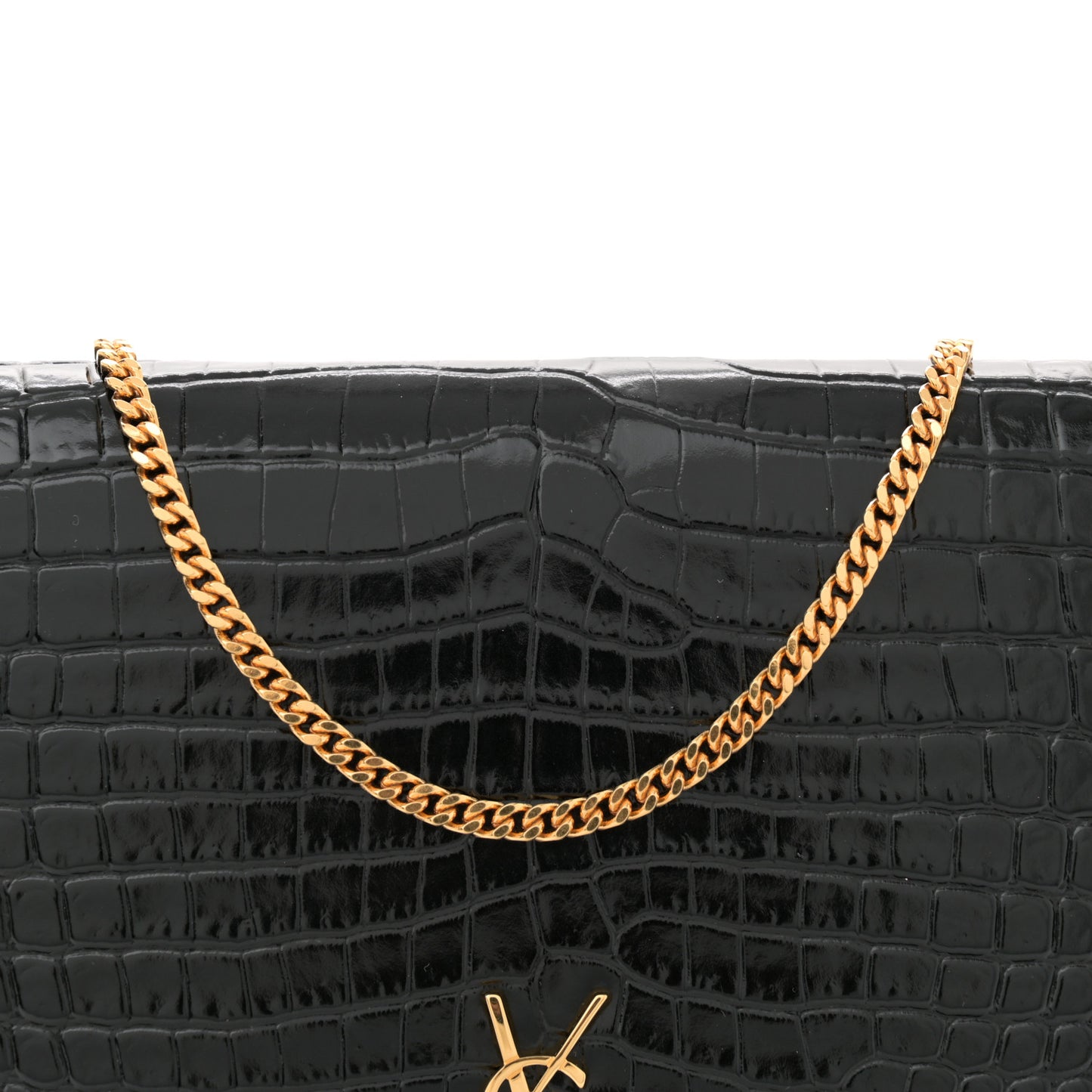 Calfskin Crocodile Embossed Monogram Chain Wallet Black