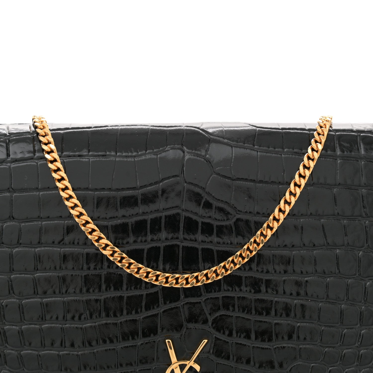 Saint Laurent Calfskin Crocodile Embossed Monogram Chain Wallet Black 8 of 12