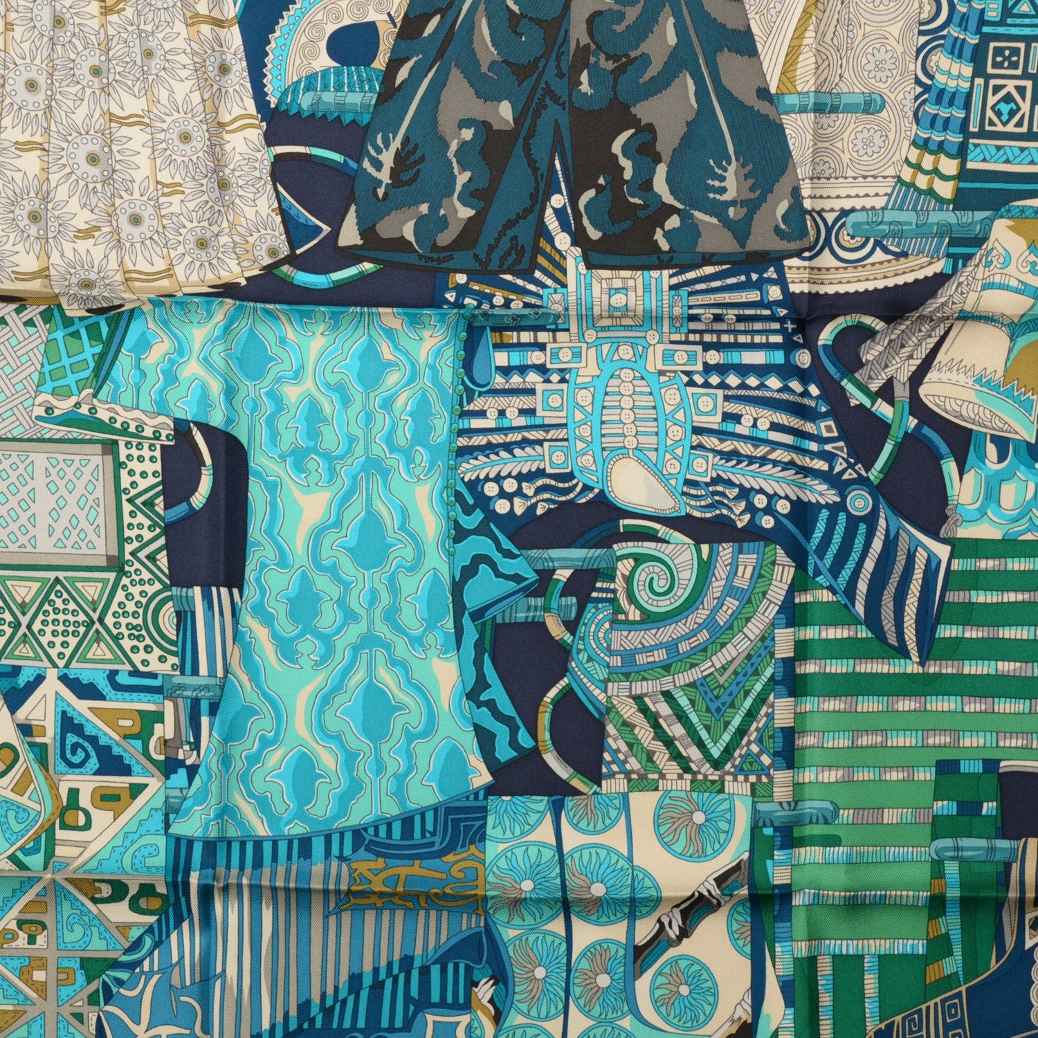 Hermes Silk Voyage En Etoffes Scarf 90 Caban Turquoise Vert 1 of 6