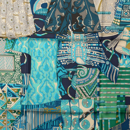 Hermes Silk Voyage En Etoffes Scarf 90 Caban Turquoise Vert 1 of 6