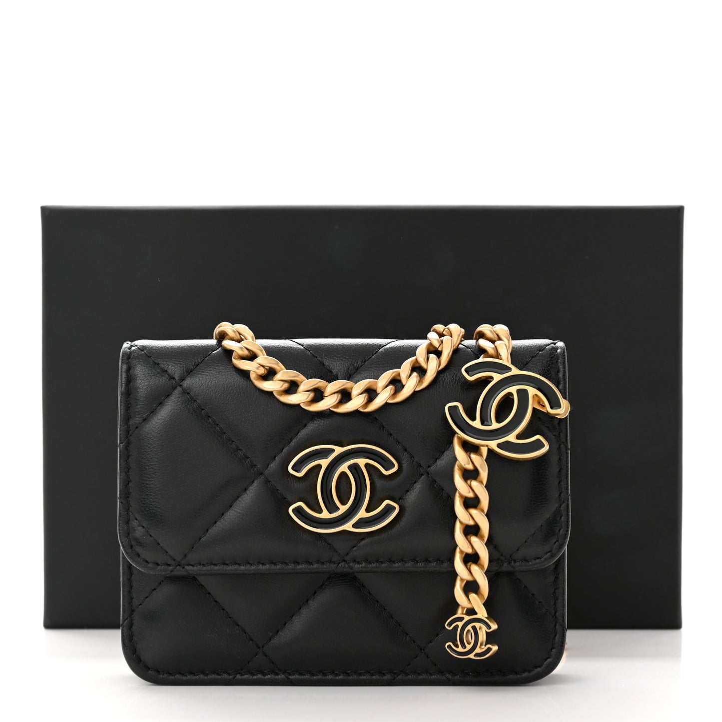 Lambskin Enamel Quilted Pending CC Flap Belt Bag Black