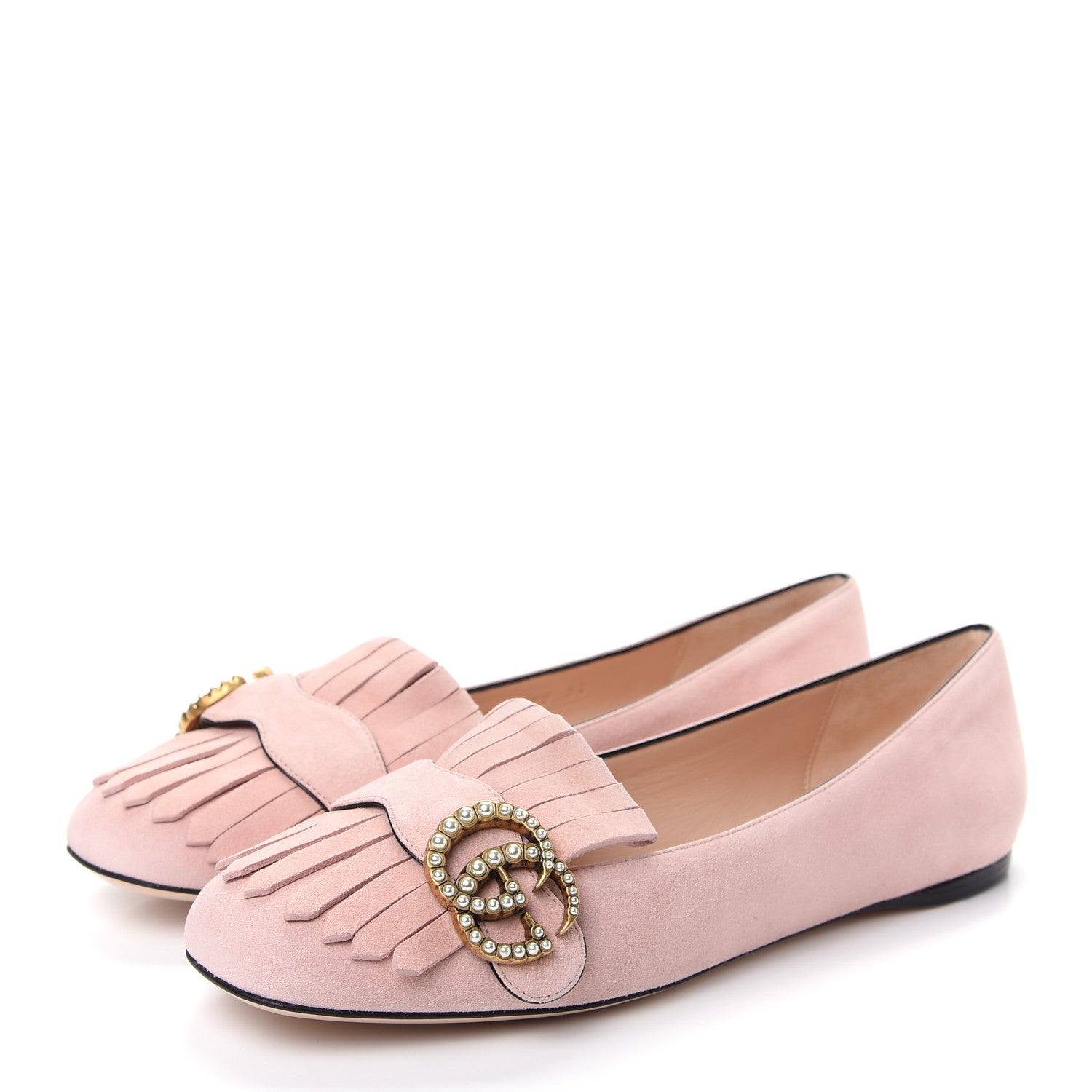Gucci Kid Scamosciato Pearly GG Marmont Fringe Flats 37 Crystal Pink 3 of 11