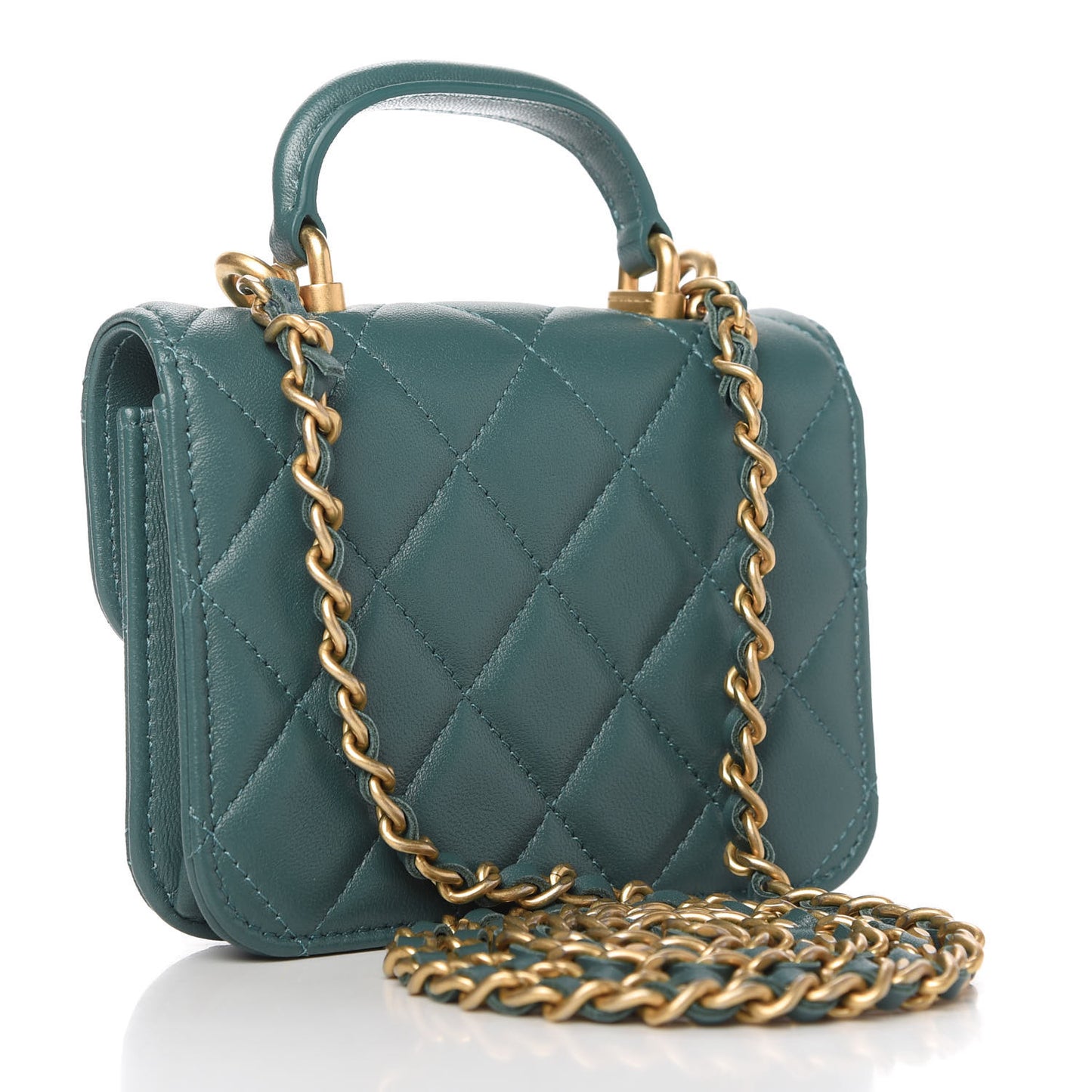 Lambskin Quilted Top Handle Flap Coin Purse With Chain Green