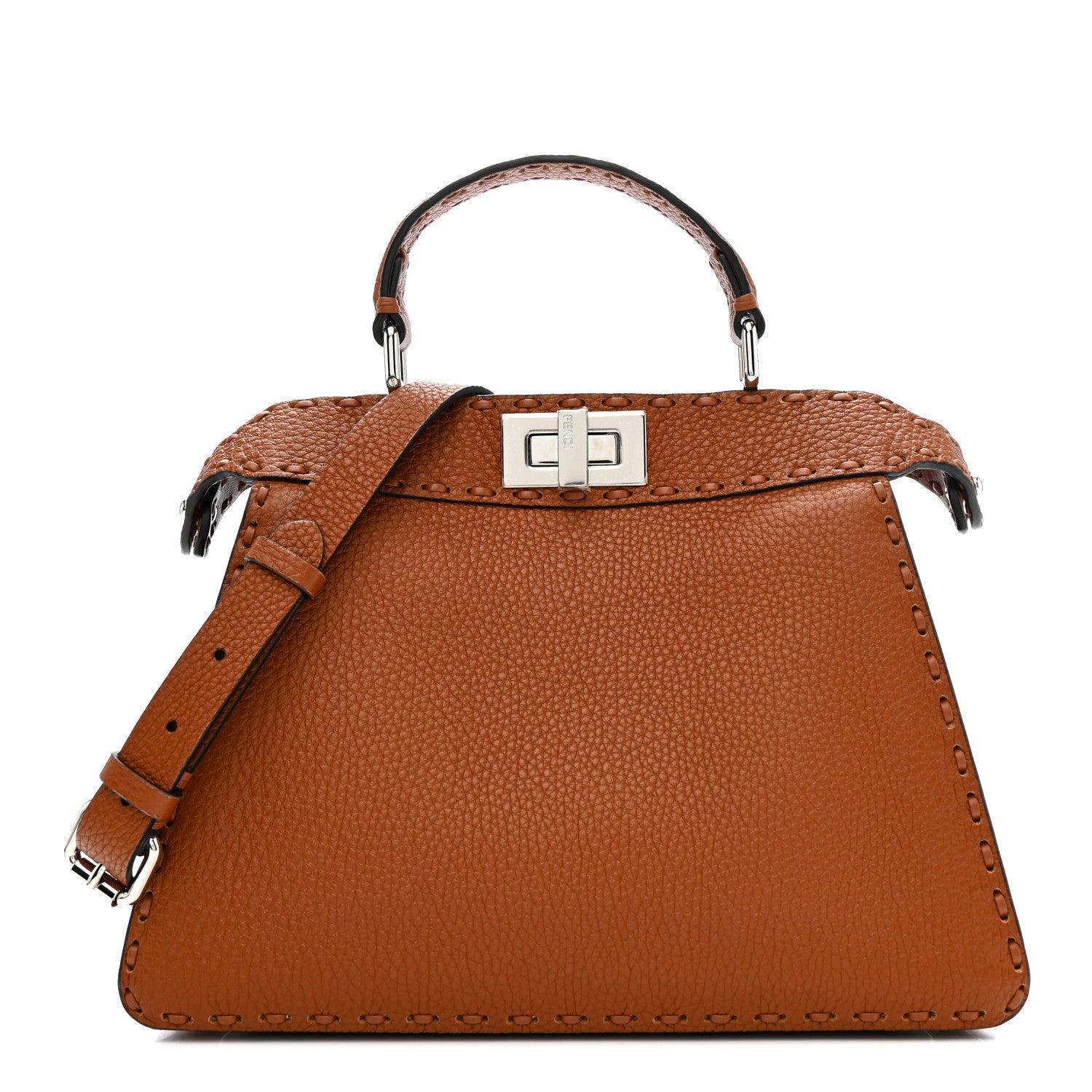 Fendi Cuoio Roma Sellerissima Nappa Sintetica Tape Stitch Small Peekaboo I SEE U Satchel Brandy 1 of 10