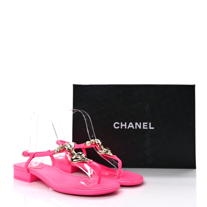 Chanel Shiny Lambskin Pearl Crystal CC Heart Thong Sandals 38 Neon Pink 8 of 8