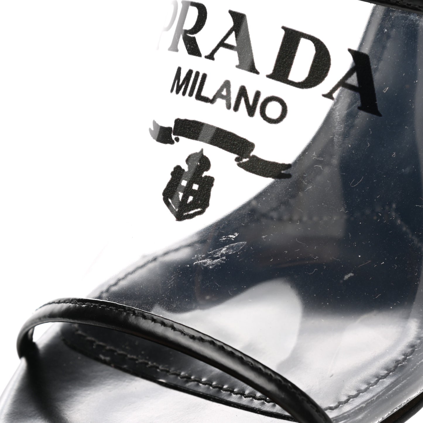 Plexiglass Calfskin Metal Triangle Logo 75mm Slide Sandals 37 Black