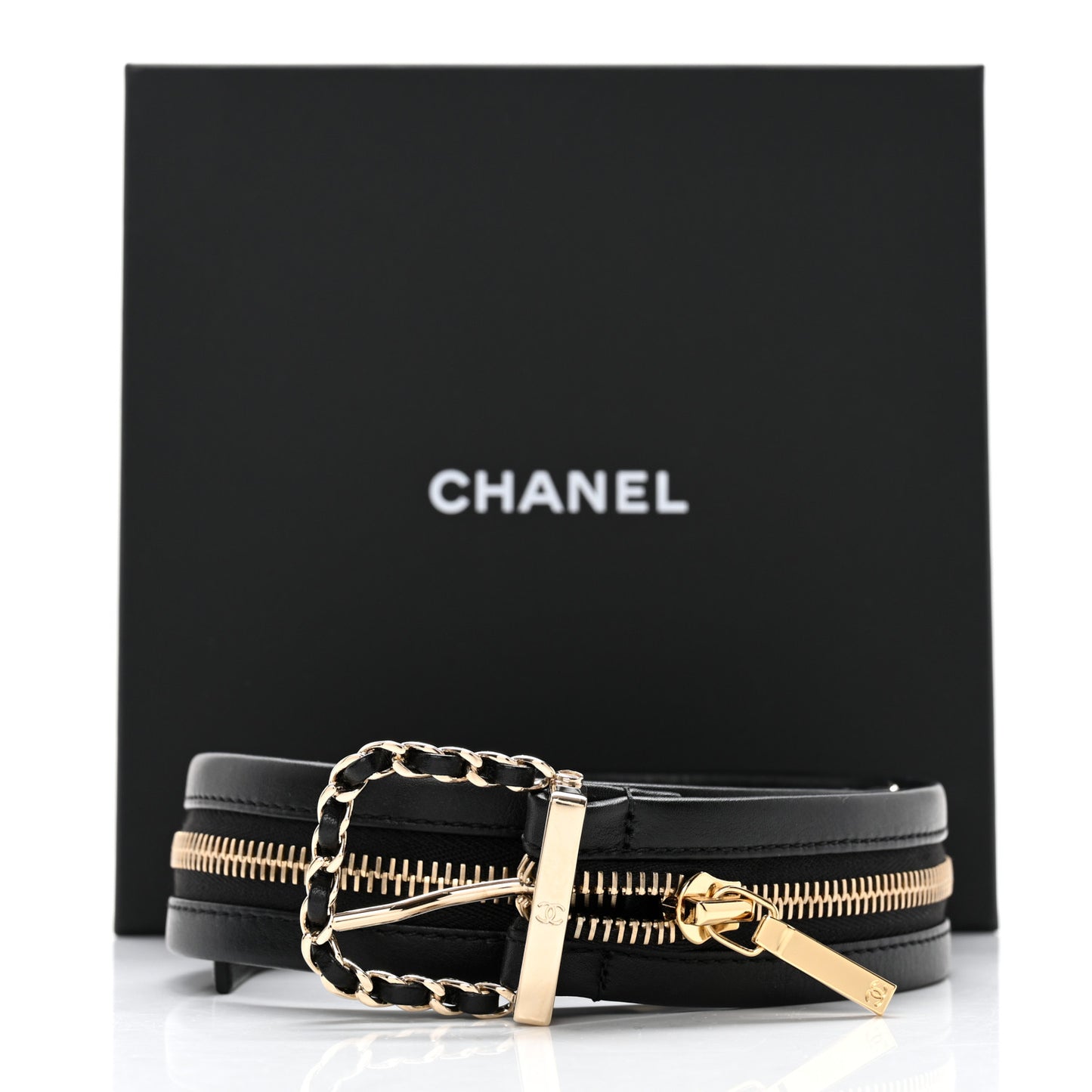 Calfskin Lambskin Zipper Chain CC Belt 65 26 Black