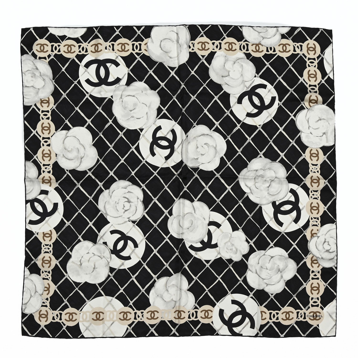 Chanel Silk CC Logo Camellia Scarf White Black 1 of 4