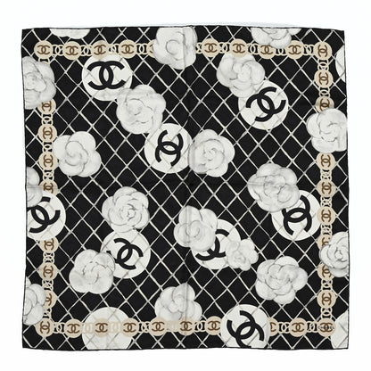 Chanel Silk CC Logo Camellia Scarf White Black 1 of 4