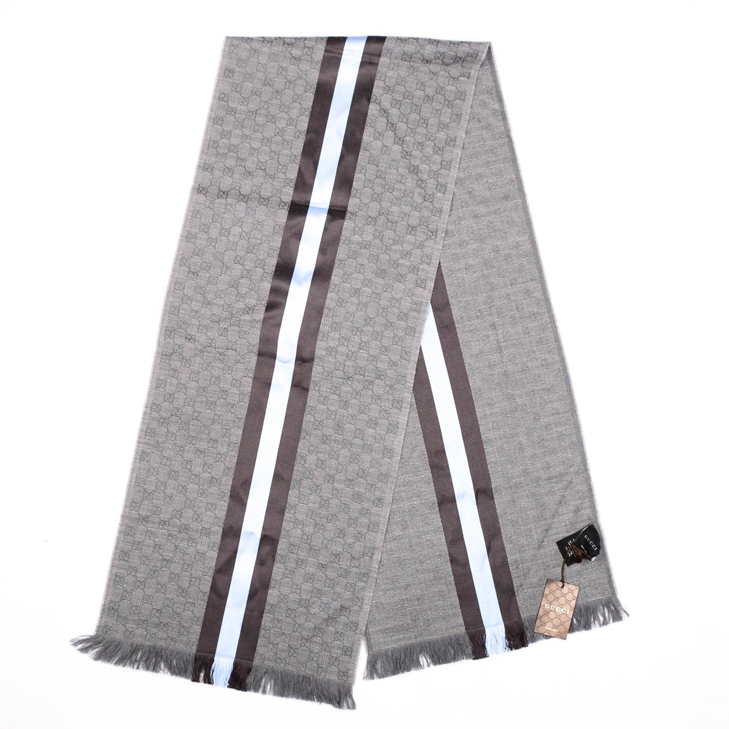 Gucci Wool Silk GG Monogram Web Verbier Fringe Scarf Grey 3 of 4