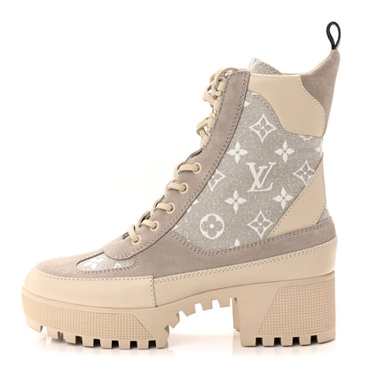 Louis Vuitton Suede Calfskin Monogram Denim Laureate Platform Desert Boots 38.5 Taupe 1 of 10