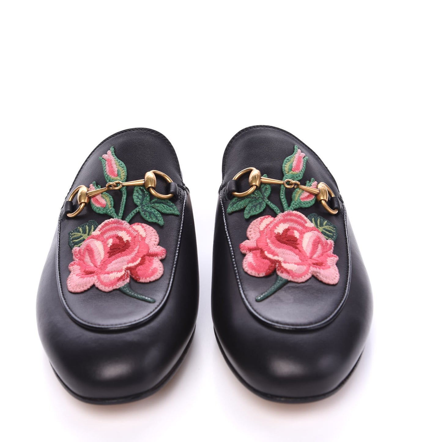 Calfskin Flower Embroidered Princetown Slippers 39 Black
