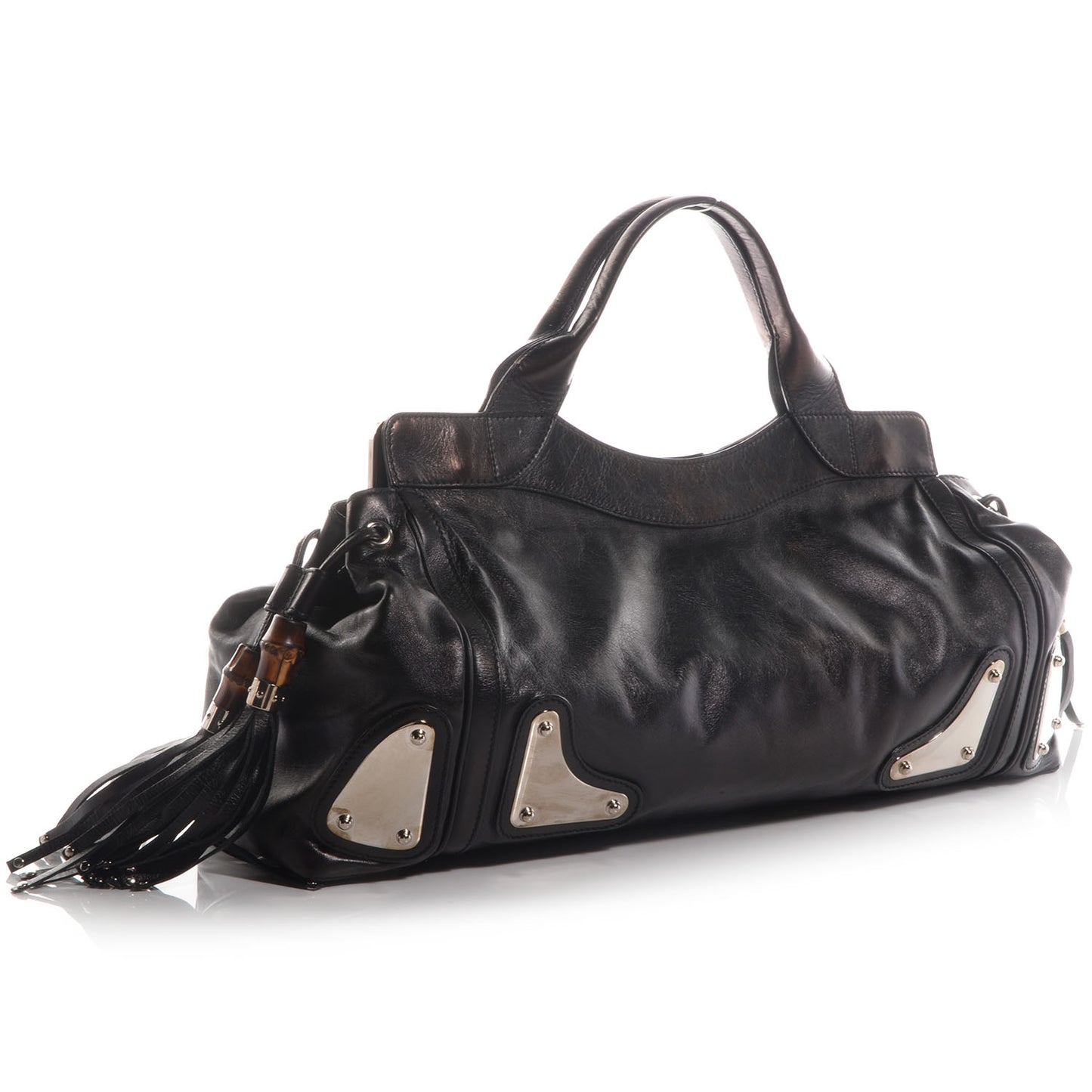 Leather Medium Race Bamboo Tassel Tote Black