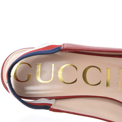 Gucci Malaga Kid Web Sylvie Mid Heel Slingback Pumps 38 Hibiscus Red 7 of 10