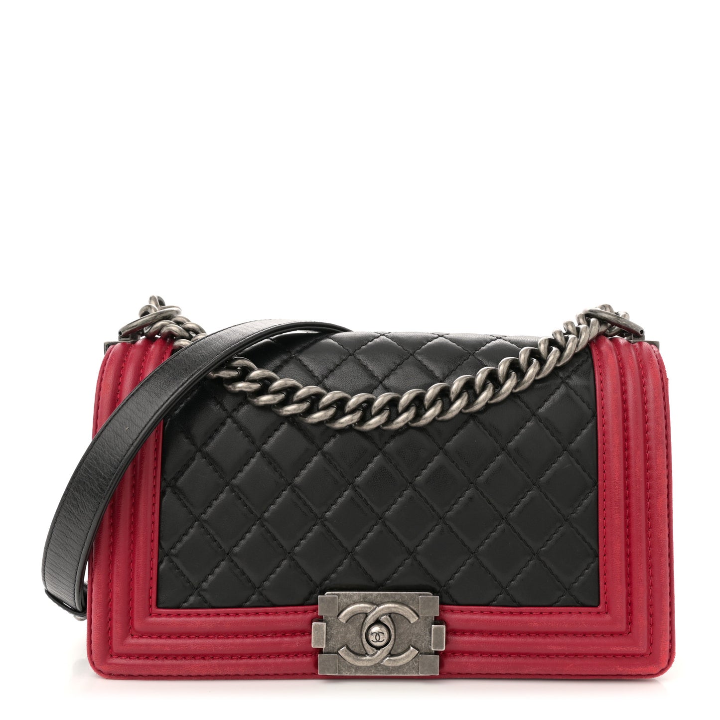 Lambskin Quilted Medium Boy Flap Black Red