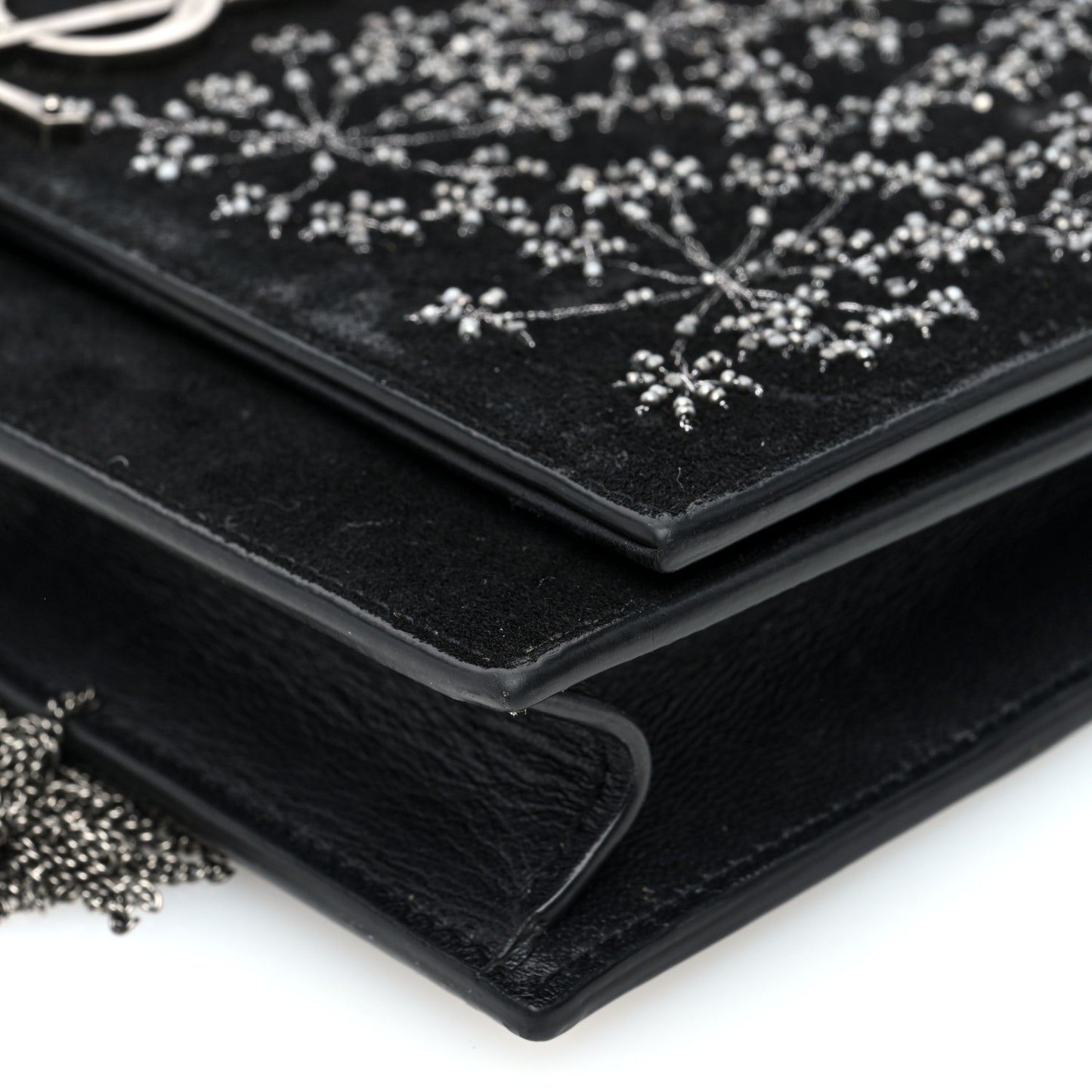 Suede Bead Embellished Classic Monogram Kate Tassel Chain Wallet Black